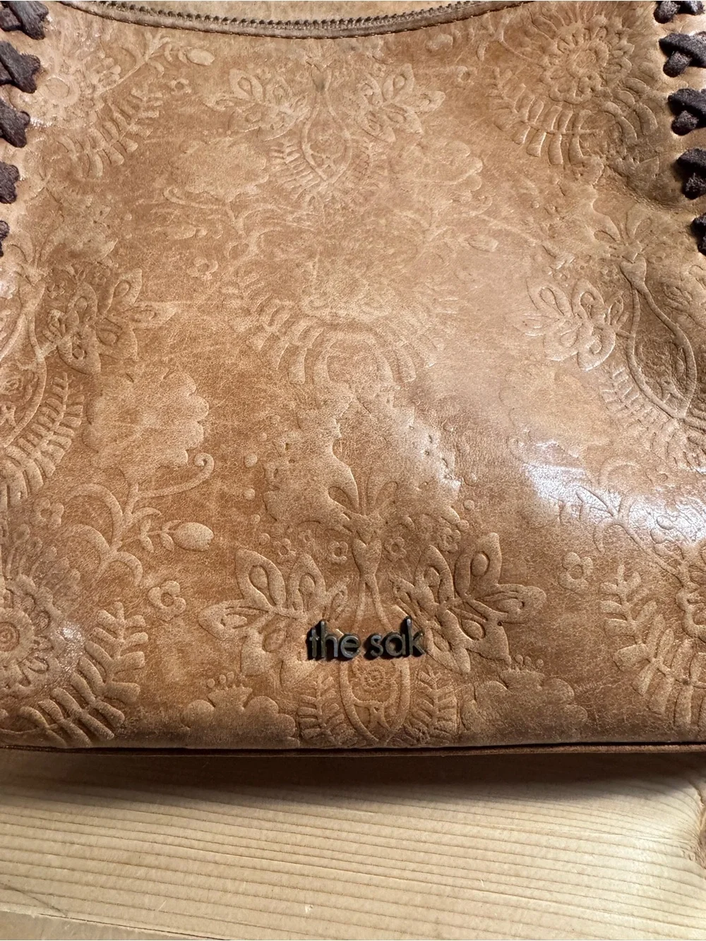 The Sak Brown Floral Embossed Zip Satchel Top Handle Detachable Strap